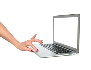 Hands typing on keyboard computer laptop with blank white space