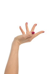 Woman hands with manicured red nails isolated on a white backgro