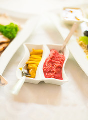 Various sauces on table close-up
