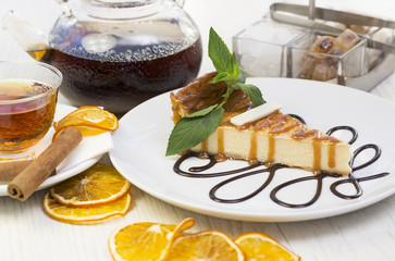 piece of cheese cake on a table in a restaurant
