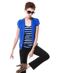 Fototapeta premium fashion shot of girl with sunglasses posing on white background