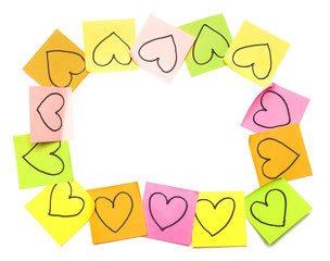 Post-it colorful frame with drawn hearts