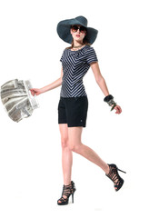  fashion or casual woman portrait wearing sunglasses in hat posing studio