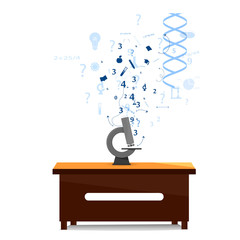 desk and microscope on white background