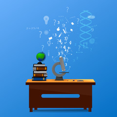 desk and microscope on blue background