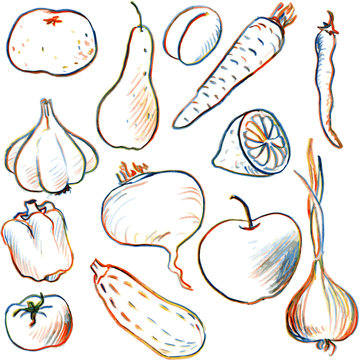 Set of drawing vegetables and fruits