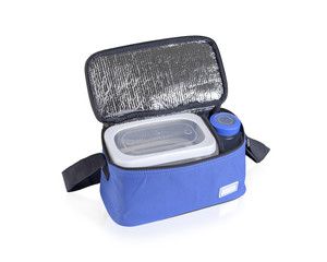 Blue cooler bag filled with plastic bottle and boxes