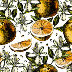 pattern with fruits, flowers and leaves of orange.