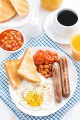 traditional English breakfast with sausages, top view