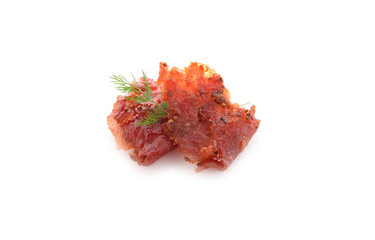 fried pork jerky on white background