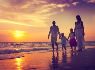 Family Walking Beach Sunset Travel Holiday Concept