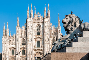 Naklejka na ściany i meble Milan Cathedral with monument of lion