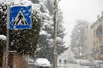 pedestrian crossing sign in mountain village during snowstorm