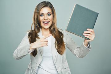 business woman hold book isolated studio