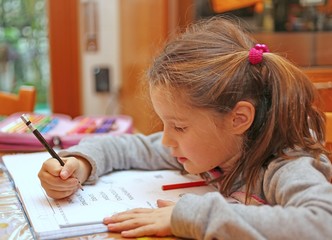 little girl writes the homework on notebook