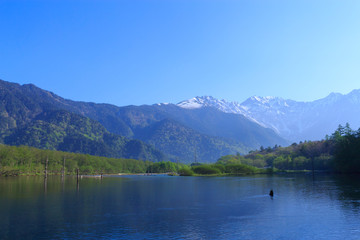 Lake Taisho and Hotaka mountains in Kamikochi, Nagano, Japan