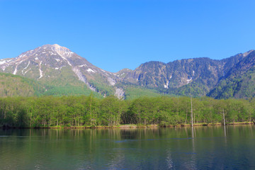 Fototapeta na wymiar Lake Taisho and Mt.Yake in Kamikochi, Nagano, Japan