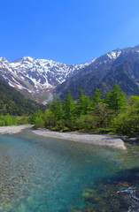 Fototapeta na wymiar Hotaka mountains and Azusa river in Kamikochi, Nagano, Japan