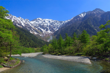 Fototapeta na wymiar Hotaka mountains and Azusa river in Kamikochi, Nagano, Japan
