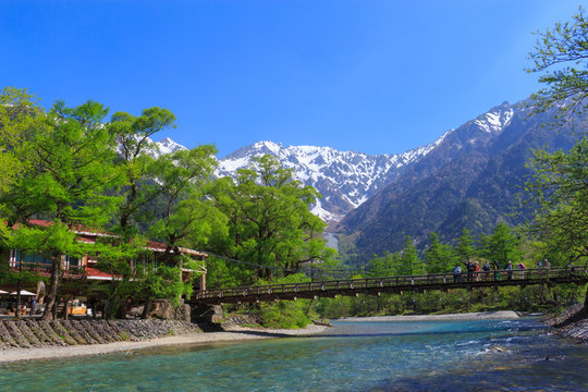 Hotaka mountains and Kappa bridge in Kamikochi, Nagano, Japan