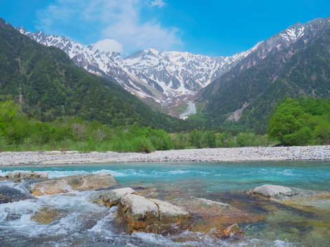 Hotaka mountains and Azusa river in Kamikochi, Nagano, Japan