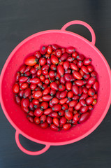 Closeup of rose-hip berries in red bow with black background