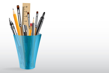 Artistic tools in plastic cup, vector background
