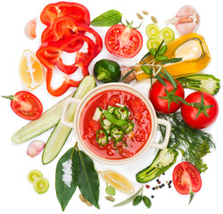 Bowl of fresh tomato soup gazpacho and vegetables