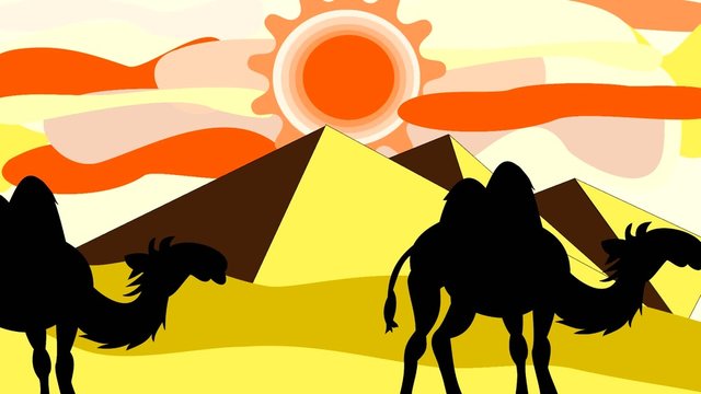 Silhouette of a camel going through the desert near the pyramids