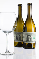 Empty bottles of wine from the label of dollar bill