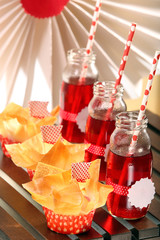 Muffins with filo pastry and cranberry juice in bottles for a pa