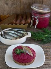 appetizer of beet on a slice of bread