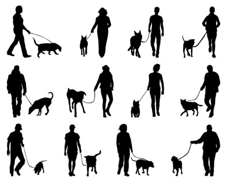 Silhouettes of people and dogs, vector