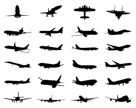 Black silhouettes of airplanes, vector