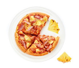 Pizza on the plate and pineapple slice isolated on white backgro