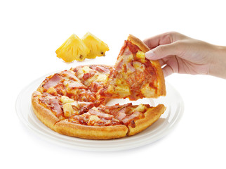 Pizza on the plate and pineapple slice isolated on white backgro