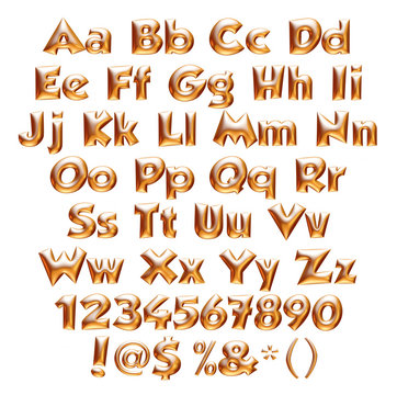 3D alphabets, digits and sign on isolated white background.