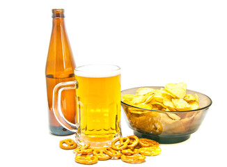 chips, pretzels and beer closeup