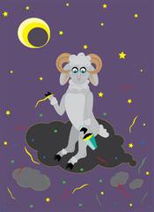 Naklejka premium Ram on a cloud and confetti.
