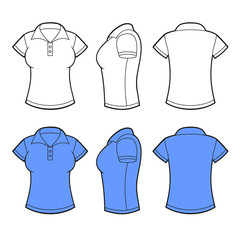 Women Polo Shirt Template. Front, back and side view. Vector