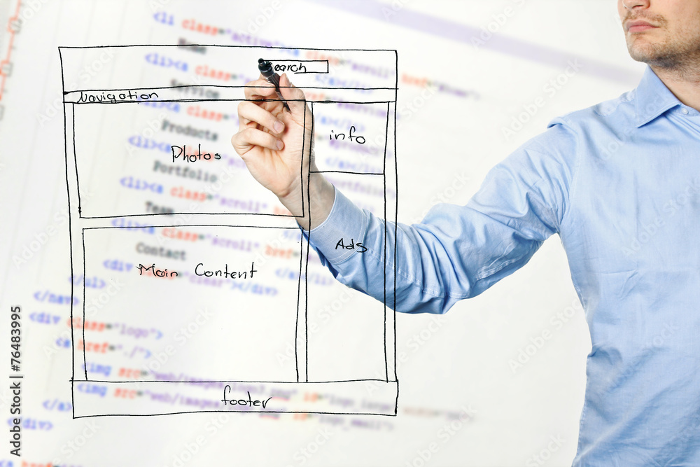 Wall mural designer presents website development wireframe