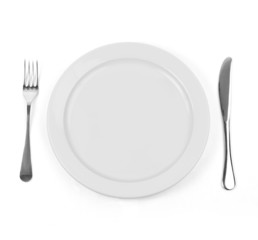 Empty dinner plate with knife and fork on white.