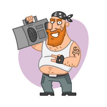 Biker man holding tape recorder and smiling