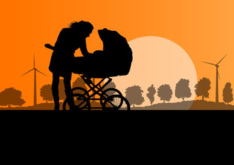 Mother with baby pram outdoor vector ecology background