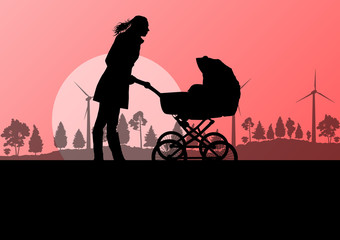 Mother with baby pram outdoor vector ecology background
