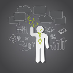 Paper man leader making an announcement with a megaphone