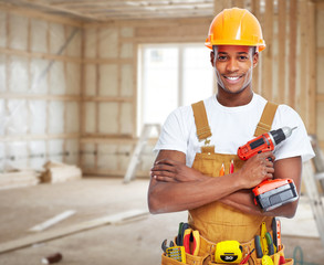 Construction worker in  new house. - 76486945