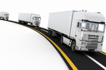 White Trucks on freeway. Concept of logistics