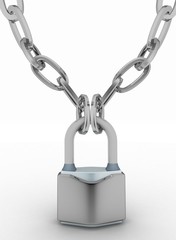 Chrome chain with a Padlock. 3d isolated on white background