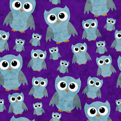 Fototapeta premium Blue Owls on Purple Textured Fabric Repeat Pattern Background